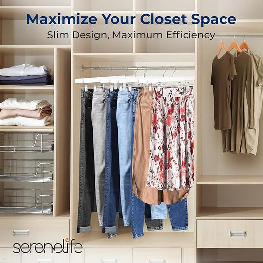 SereneLife 10 Pack Skirt and Pant Hanger with Adjustable Non-Slip Steel Clips, Premium Wooden, 360° Swivel Hook & 10 lb Capacity – Space-Saving Heavy-Duty Hangers for Jeans, Shorts & Slacks (White)