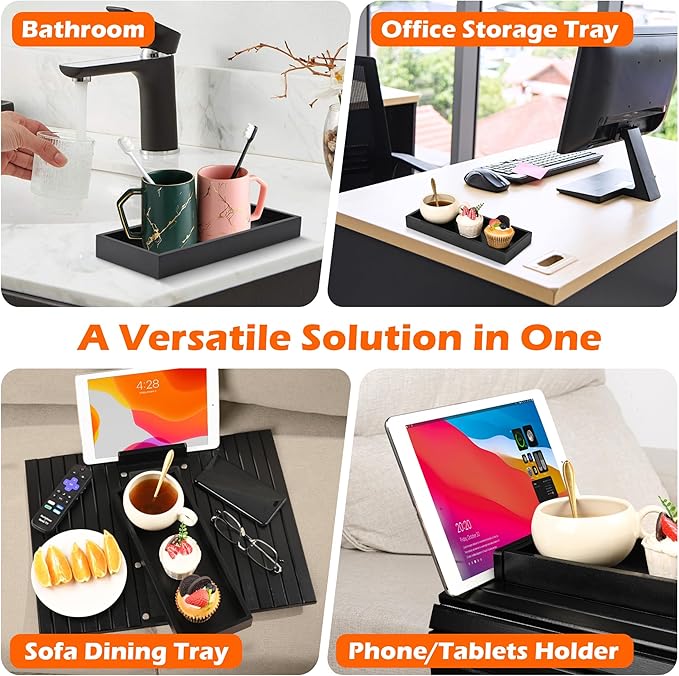 Joy&Grace Couch Arm Tray, 3-in-1 Magnetic Detachable Sofa Arm Table with Phone and Tablet Holder Bamboo Couch Cup Holder, Foldable Sofa Armrest Tray for Eating, Drinks, Phones (Black)