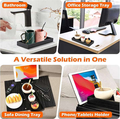Joy&Grace Couch Arm Tray, 3-in-1 Magnetic Detachable Sofa Arm Table with Phone and Tablet Holder Bamboo Couch Cup Holder, Foldable Sofa Armrest Tray for Eating, Drinks, Phones (Black)