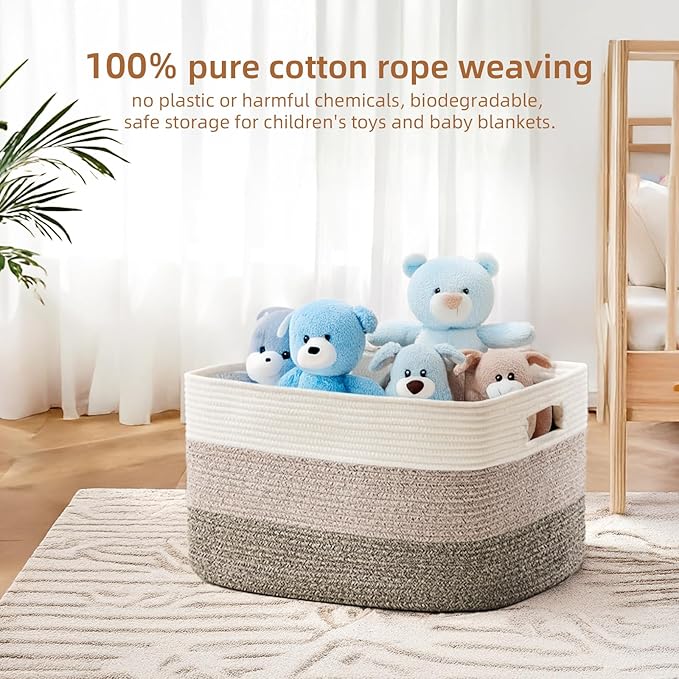 Cotton Rope Basket,Large Blanket Basket for Living Room,Woven cotton rope laundry baskets，For Bathroom Dirty Clothes ，Nursery Toys，pillow storage organization, 72L，Brown and white.