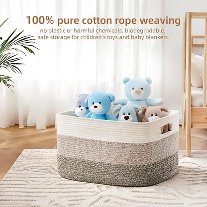 Cotton Rope Basket,Large Blanket Basket for Living Room,Woven cotton rope laundry baskets，For Bathroom Dirty Clothes ，Nursery Toys，pillow storage organization, 72L，Brown and white.