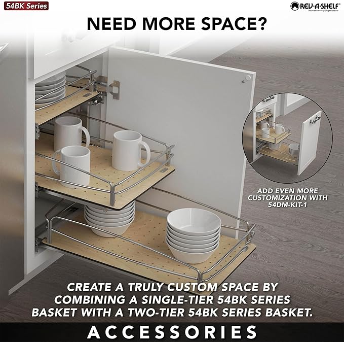 Rev-A-Shelf Pull Out Kitchen Cabinet Storage Organizer with Solid Bottom and Undermount Soft-Close Full Extension Slides, 54BK-12SC-1
