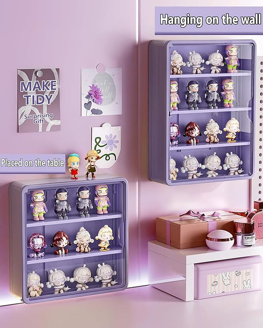 HGYZE Clear Display Case for Figures, 15.75" High, Wall Mounted Shelf with Magnetic Door, Hanging Display Case for Collectibles Action Doll Blindboxes Storage (Purple, 4-Layer 1 Pack)