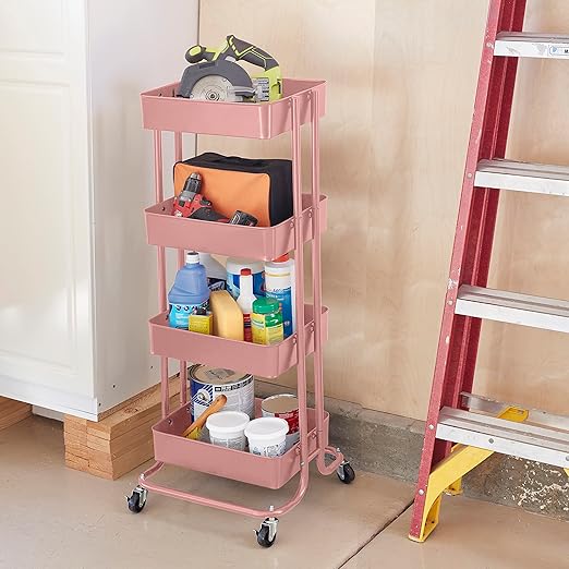 ECR4Kids 4-Tier Metal Rolling Utility Cart, Multipurpose Storage, Pink