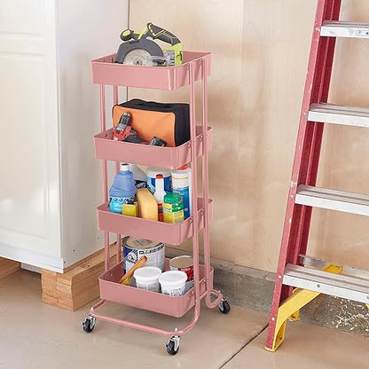 ECR4Kids 4-Tier Metal Rolling Utility Cart, Multipurpose Storage, Pink
