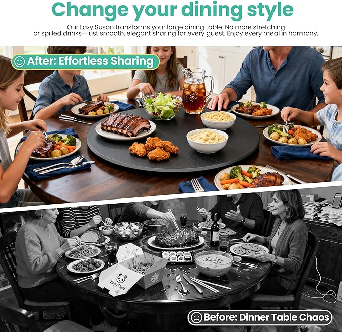 23.6" Lazy Susan Turntable – 360° Sinteredstone Silent Anti-Slip Turntable, Table Top Centerpiece for Kitchen, Pantry, Spice Rack, Refrigerator & Dining Table, Black