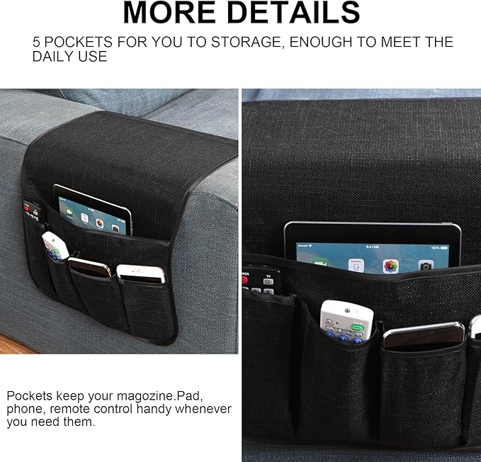 Sixyotie Sofa Armrest Organizer Non-Slip Remote Control Holders for Recliner Couch Chair Armchair Caddy with 5 Pockets for Table,Cell Phone,Ipad,Magazines,Books (13x35In, Black)