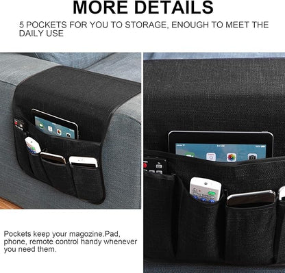 Sixyotie Sofa Armrest Organizer Non-Slip Remote Control Holders for Recliner Couch Chair Armchair Caddy with 5 Pockets for Table,Cell Phone,Ipad,Magazines,Books (13x35In, Black)