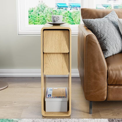 Narrow Nightstand Set of 2, Small Bedside Table, Slim Wooden Night Stand, Mid Century Modern Boho Bed Side Table, Wood Skinny Nightstand with Slanted 2 Drawers, Bedroom, Thin, Oak