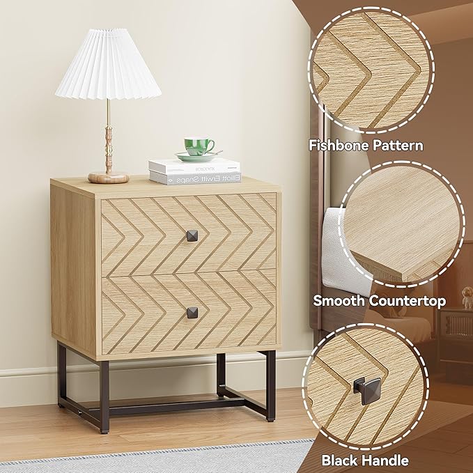 HOCAT Modern Nightstand with Two Storable Drawers,Sturdy Bedside Table Space-Saving Night Stand with Black Metal Legs for Bedroom,Oak