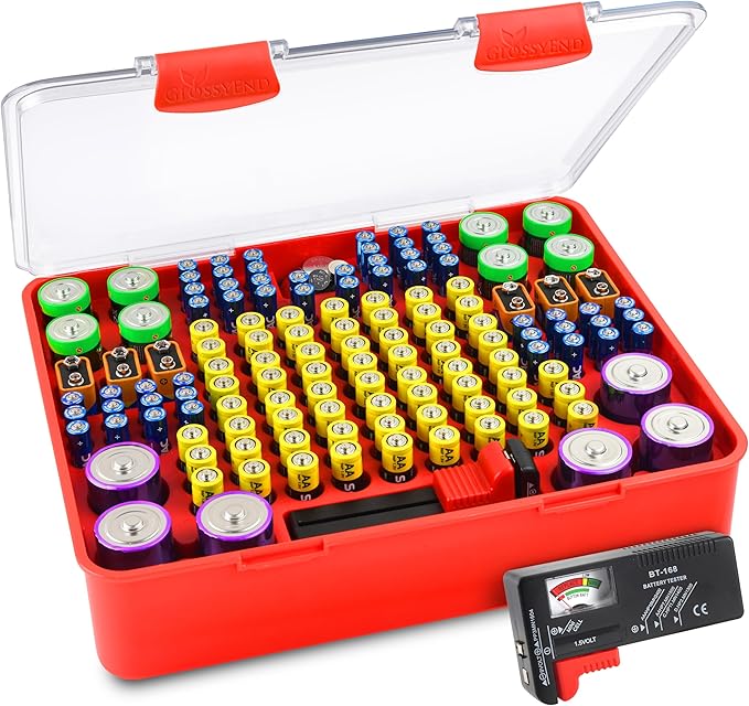 140 Slot Multi Battery Storage Box, Battery Storage Case, Battery Holder with Tester, Stores: 56 AA and 52 AAA Batteries, 8 C Batteries, 6 D Batteries, 6 9V Batteries, and 12 Button Batteries (Red)