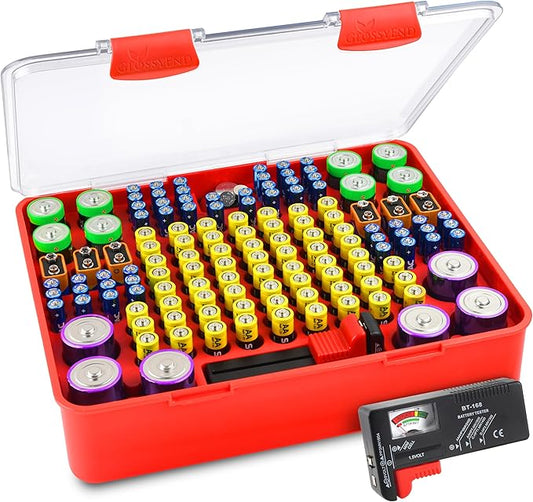 140 Slot Multi Battery Storage Box, Battery Storage Case, Battery Holder with Tester, Stores: 56 AA and 52 AAA Batteries, 8 C Batteries, 6 D Batteries, 6 9V Batteries, and 12 Button Batteries (Red)