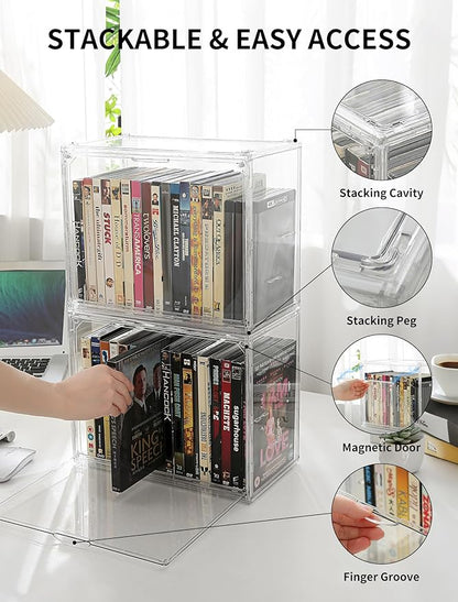 Beveetio Acrylic 2-Pack DVD Storage Box, Stackable DVD Case Holder Organizer With Door, Clear CD Storage Box For CDs, Blu Ray, Discs, Video Games, Holds Up to 34 Cases