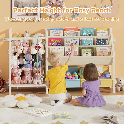 B5 Kids Bookshelf and Toy Storage, Book Shelf for Kids Rooms, Sling Toddler Book Shelves with Stuffed Animal Storage, Montessori Baby Bookcase for Nursery, Bedroom, Playroom, Blue and Yellow