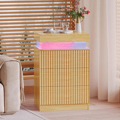 BOXACTION Wood Nightstand with 3 Drawers and LED Light, Mid Century Modern Fluted Night Stand with Charging Station, Bedside Table & End Table for Bedroom