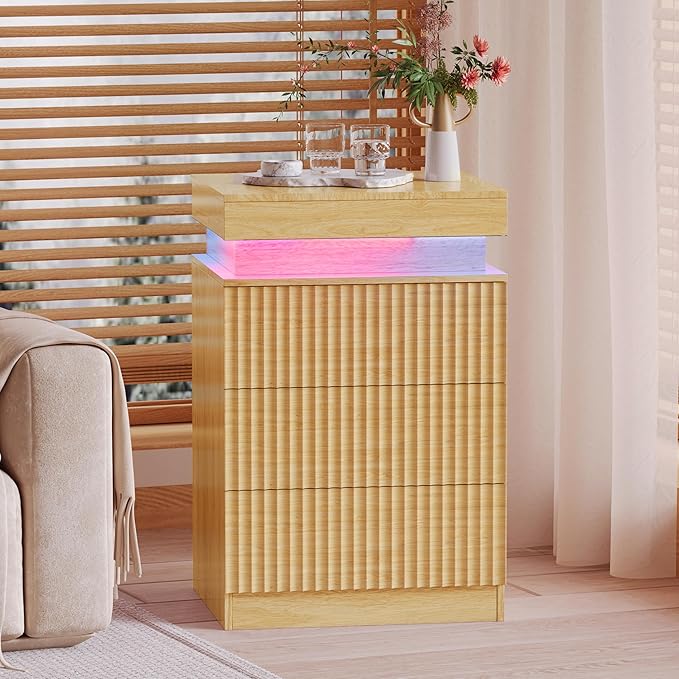 BOXACTION Nightstand Set of 2 for Bedroom, LED Nightstand with 3 Drawers and Charging Station, Mid Century Modern Fluted Nightstands, Bedside Tables & End Tables, Wood