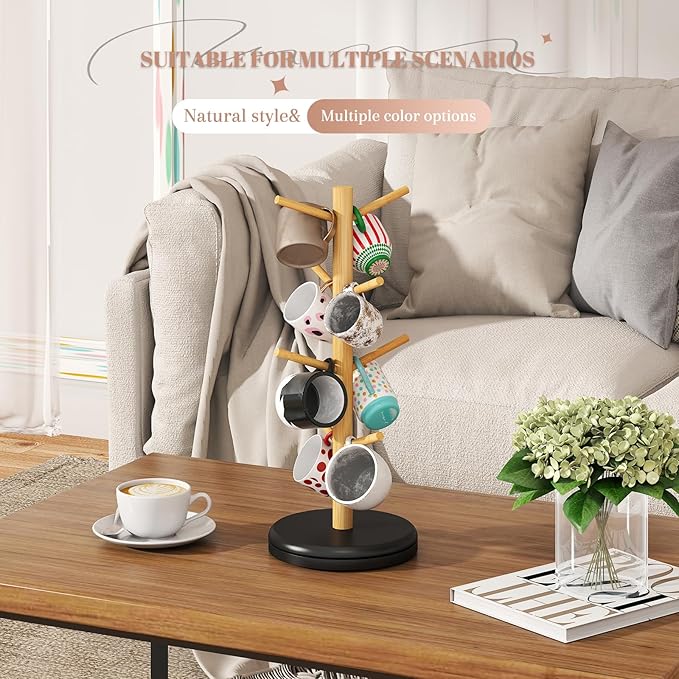 Mug Holder Tree 360° Rotated Mug Tree Coffee Cup Holder Bamboo Rack Stand 8 Hooks for Countertop Cup Rack Kitchen Coffee Bar Organizer Decorative Mug Racks (Natural+Black)