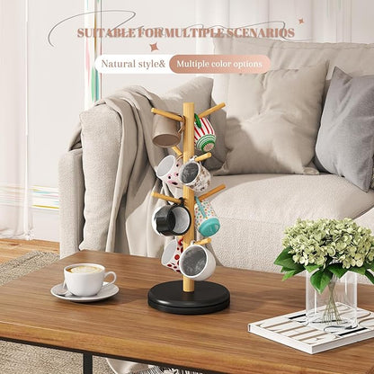 Mug Holder Tree 360° Rotated Mug Tree Coffee Cup Holder Bamboo Rack Stand 8 Hooks for Countertop Cup Rack Kitchen Coffee Bar Organizer Decorative Mug Racks (Natural+Black)