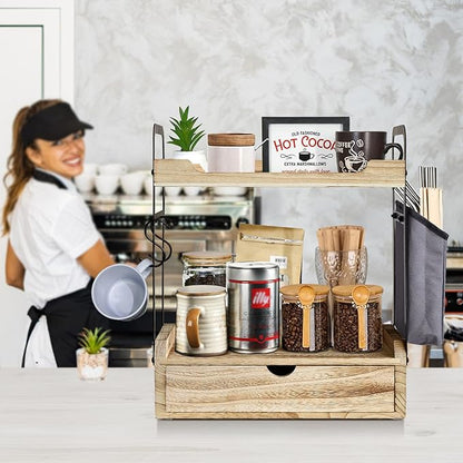 Wooden Coffee Bar Organizer - 2-Tier Station with Pod Holder, Syrup Snack Organizer and Hooks (Brown)