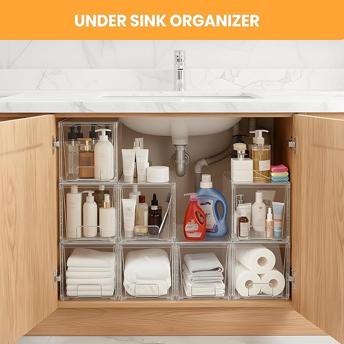 4 Pack Large Stackable Storage Drawers, Acrylic Bathroom Undersink Closet organizers and storage, Clear Plastic Bins for Pantry, Kitchen Cabinets, Makeup, Perfume, Baby Bottles, Medicine Organization