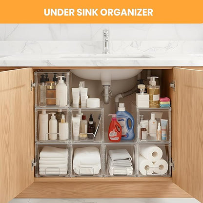 4 Pack Large Stackable Storage Drawers, Acrylic Bathroom Undersink Closet organizers and storage, Clear Plastic Bins for Pantry, Kitchen Cabinets, Makeup, Perfume, Baby Bottles, Medicine Organization