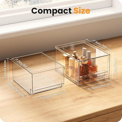 A-LuGei 【𝟰𝗣𝗖𝗦】 Acrylic Stackable Storage Drawers, 7.5" L Makeup Organizer, Bathroom Organizer and Storage, Plastic Storage Bins for Kitchen Cabinet Pantry Medicine Fridge