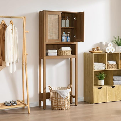 SICOTAS Over The Toilet Storage Cabinet with Rattan Door, Freestanding Bathroom Organizer with Adjustable Shelf, Space Saver Cabinet for Bathroom, Laundry Room, Restroom