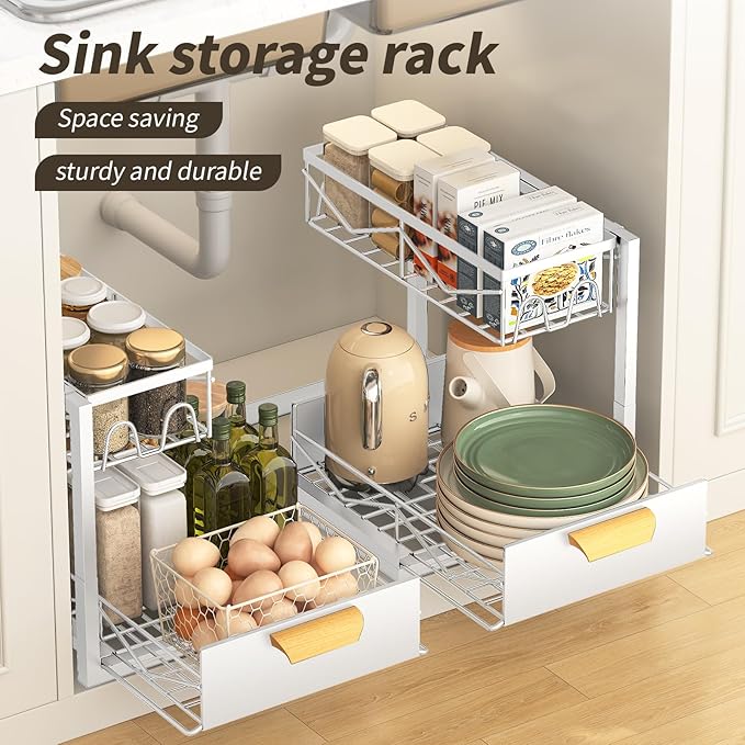 Under Sink Organizer - 2 Tier Pull Out Cabinet Organizer with Sliding Drawers, Adjustable Metal Storage Shelf for Kitchen & Bathroom, Space Saving Storage Solution (White, 1-Pack)