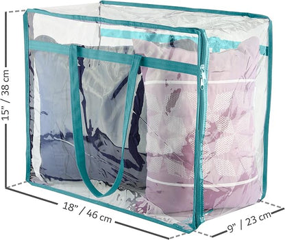 Clear Vinyl Zippered Storage Bags (3-Pack) 40L Sturdy Storage Bags for Sweaters, Blankets, Comforters, Bedding Sets and Much More! (Turquoise, 18x15x9)
