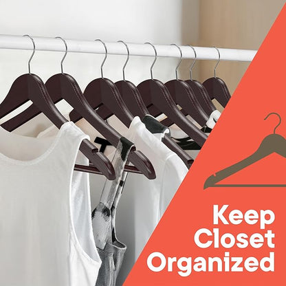 Cherry Wooden Hangers 10 Pack – Heavy-Duty with 360° Swivel Hook, Non-Slip, Pants Bar & Shoulder Grooves - Wooden Hangers for Suits, Jackets, Dresses & Camisoles, Space-Saving and Smooth Finish