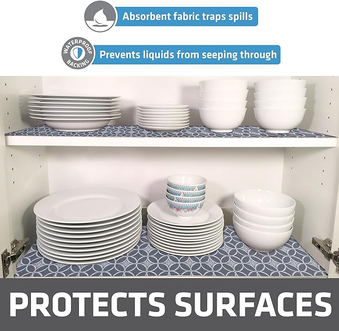 Drymate Premium Luxury Shelf & Drawer Liner, Thick Cushioned Fabric, Non-Adhesive, Absorbent, Waterproof, Slip-Resistant, Liners for Kitchen Cabinets, Cupboards (USA Made)(12”x59”)(2-Pack)(IndigoGrey)