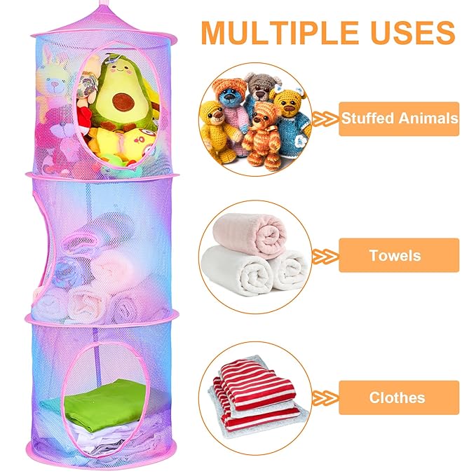 Basumee Stuffed Animals Net or Hammock 2 Pcs Stuffed Animals Storage Toy Net Hammock for Plushies Storage Organizer Mesh Kids Girls Room Decor, Blue and Purple, 3 Tiers