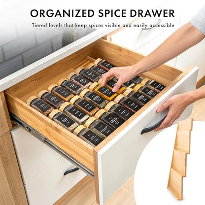 EDELHAUS Bamboo Spice Drawer Organizer - Expandable 4 Tier Spice Rack (Need 3" Deep Drawer) 12" to 24" Wide, Seasoning Organizer, Organization Seasoning Rack insert (Jars Not Included)
