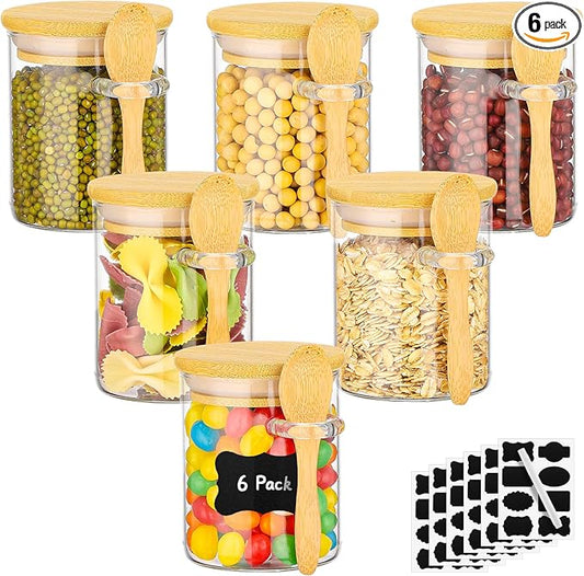 Glass Jars with Airtighr Lids - 6 Pack 6 Fl.oz Round Glass Jar with Bamboo Lid and Spoon, Includes Labels and Marker, Pantry Storage Containers for Spice, Overnight Oat, Sugar Coffee Canister