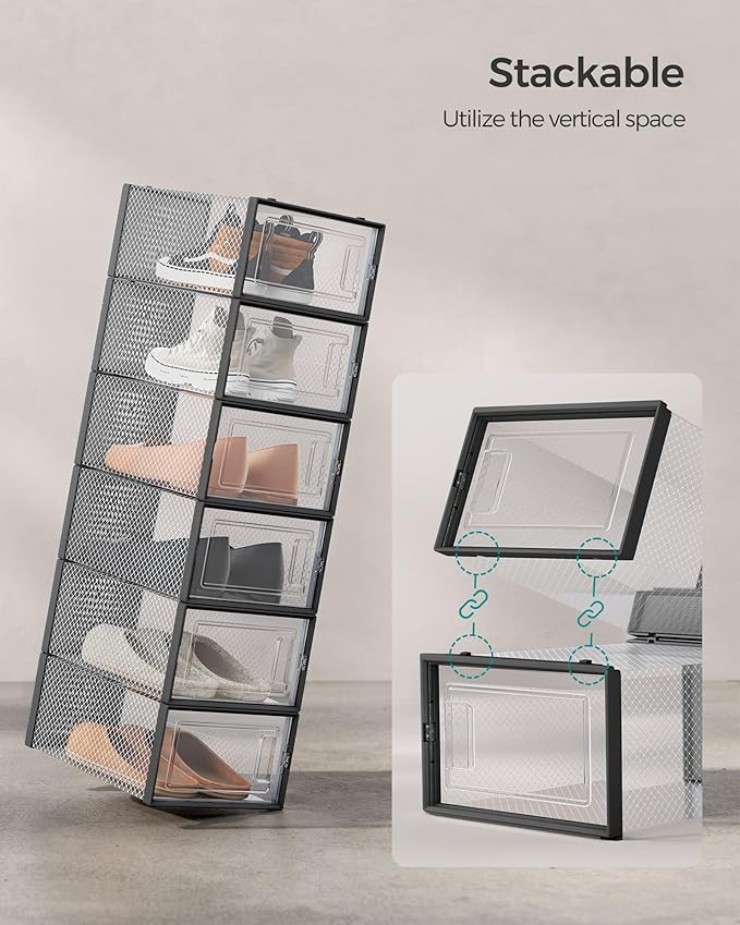 SONGMICS Shoe Boxes, Pack of 24 Shoe Storage Organizers, Stackable Clear Plastic Boxes for Closet, Sneakers, 13.1 x 9.1 x 5.6 Inches, Transparent and Black ULSP906B12