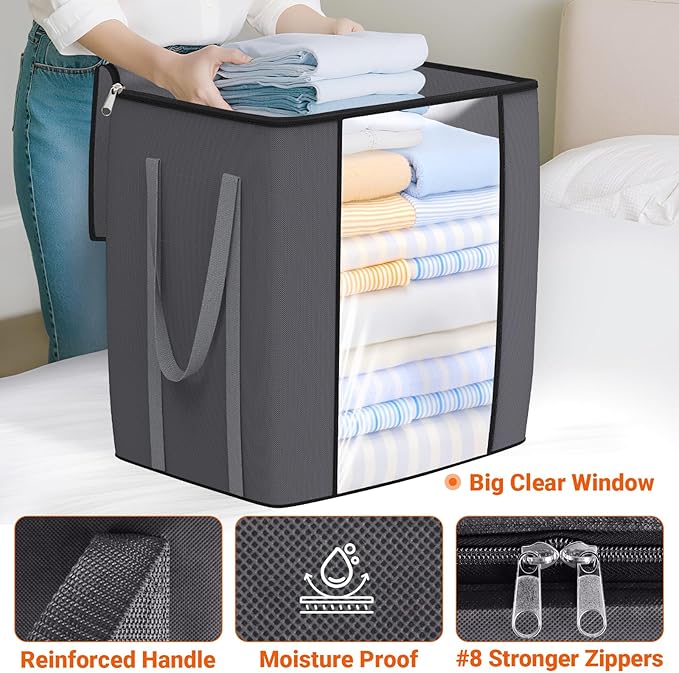 TasticTotes 120L Extra Large Clothes Storage Bags, Foldable Blanket Storage and Organization, Thick Fabric Containers with Reinforced Handles & Zippers for Clothing, Comforters, Bedding, Gray, 2 Pack