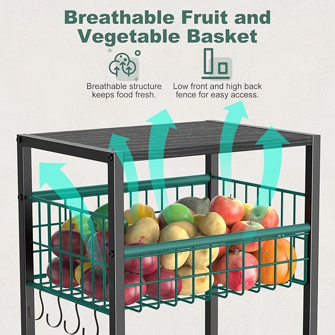 Housolution 5 Tier Kitchen Rolling Cart, Storage Cart with Metal Fruit Vegetable Basket and Pull-Out Pot Lid Cutting Board Organizer, Storage Rack with Wooden Top for Kitchen, Pantry, Bathroom
