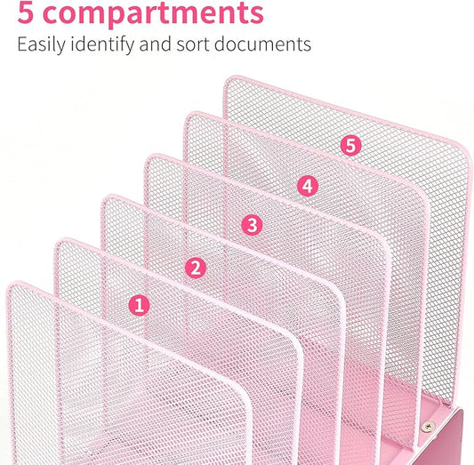 File Organizer for Desk, Desk Organizer with 5-Section Vertical File Rack, Folder Organizer,Workspace Organizers (Pink)