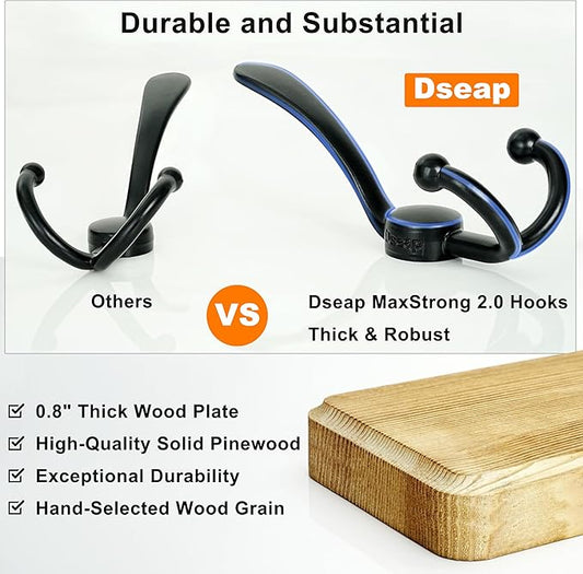 Dseap Coat Rack Wall Mount - Heavy-Duty Robust Rustic Wooden Wall Coat Hanger Hook Rail with 5 Triple Hooks for Winter Coats Hat Jacket Clothing, Light Brown & Black, Pack of 2
