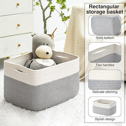 Large Blanket Basket Living Room, Rectangle Storage Basket, Large Basket for Blankets, Woven Cotton Rope Baskets for Storage Toy Dirty Clothes, 22”x17”x12”, White & Grey, 75L