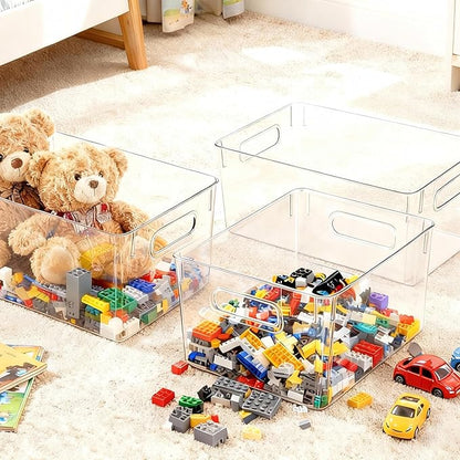JollyPack 4 Pack Clear Plastic Storage Bins, Pantry Organizers and Storage with Handles, Clear Storage Containers for Fridge, Kitchen, Cabinet, Bathroom and Office