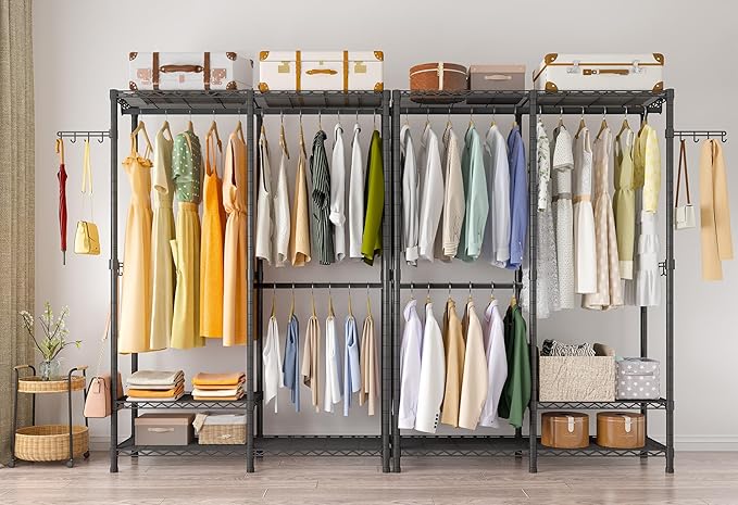 Heavy Duty Garment Rack, Metal Freestanding Closet Wardrobe Clothes Racks for Hanging Clothes, 4 Tiers Adjustable Wire Shelving, 44.9'' L x 16.5'' W x 76.8 '' H, Max Load 800LBS, Black