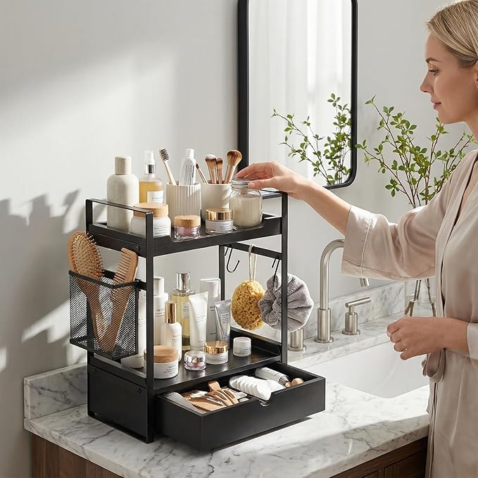 Coffee Station Organizer Countertop, Wooden Coffee Bar Accessories Organizer with Basket, 2 Mug Holder Hooks and Pod Drawer, Multifunctional 2 Tier Countertop Organizer for Kitchen, Bathroom, Office