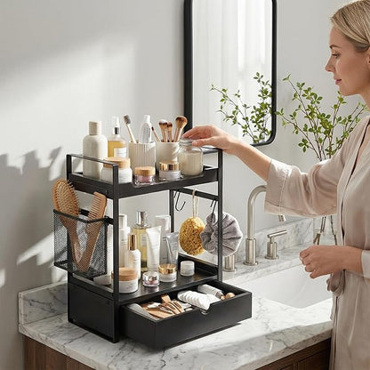 Coffee Station Organizer Countertop, Wooden Coffee Bar Accessories Organizer with Basket, 2 Mug Holder Hooks and Pod Drawer, Multifunctional 2 Tier Countertop Organizer for Kitchen, Bathroom, Office