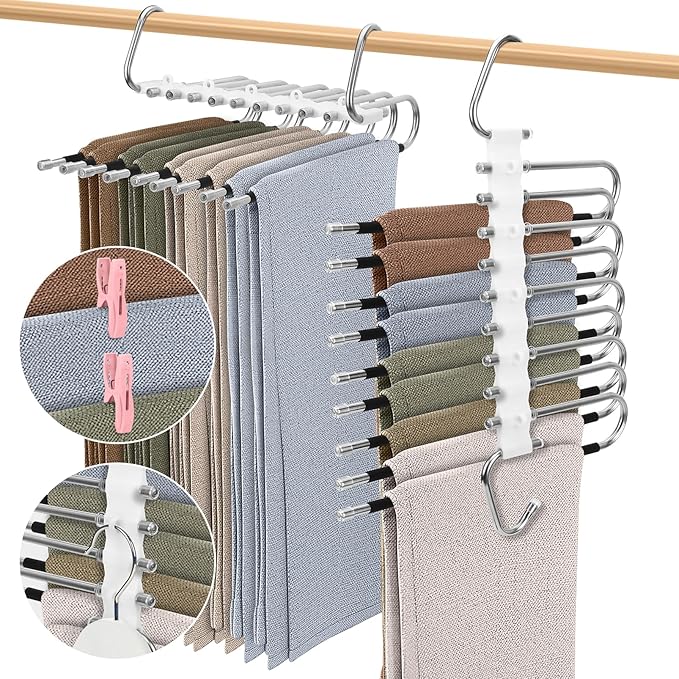 SAN LIKE 2 Pack 9 Layers Pants Hangers Space-Saving Stainless Steel Closet Hangers 20pcs Fixed Clips Non-Slip Multi-Functional Pants Rack Two Hanging Modes for Trousers Jeans Leggings Scarf Skirts