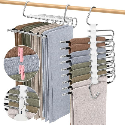 SAN LIKE 2 Pack 9 Layers Pants Hangers Space-Saving Stainless Steel Closet Hangers 20pcs Fixed Clips Non-Slip Multi-Functional Pants Rack Two Hanging Modes for Trousers Jeans Leggings Scarf Skirts