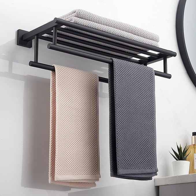 Towel Rack with Shelf 20 Inch Double Towel Racks for Bathroom Matte Black Bath Towel Holder SUS304 Stainless Steel Towel Rack Wall Mounted Modern Towel Hanger