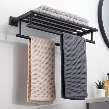 Towel Rack with Shelf 20 Inch Double Towel Racks for Bathroom Matte Black Bath Towel Holder SUS304 Stainless Steel Towel Rack Wall Mounted Modern Towel Hanger