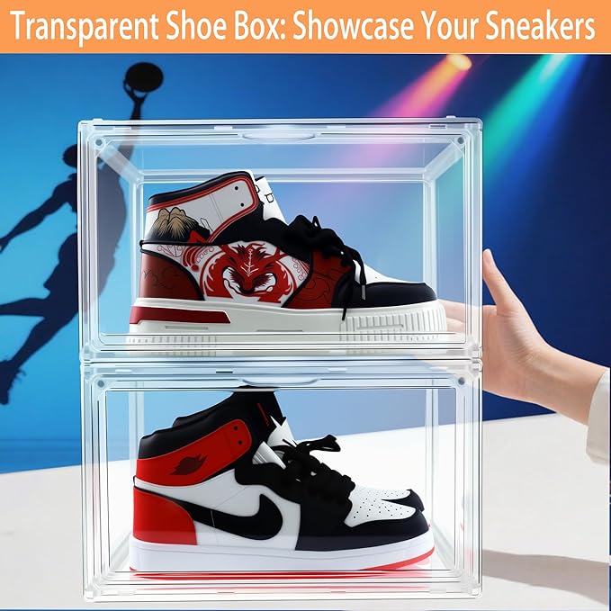Transparent Shoe Box 2 Pack, Acrylic Display Case, Clear Shoe Storage Box with Magnetic Door, Showcase for Sneaker, Cosmetic, Displays, Action Figures Collectibles,Size 12.5 for Men Women Shoes