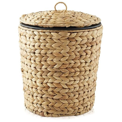 Casafield Water Hyacinth Trash Can with Lid and Liner - Natural, Woven Waste Basket for Bathroom, Bedroom, Laundry Room, Home Office
